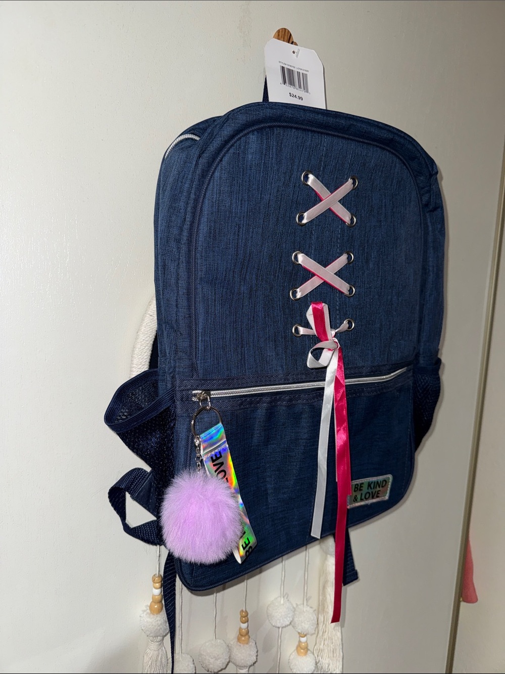 Children's Navy Denim Backpack with Pink Ribbon and Pom-Pom Charm